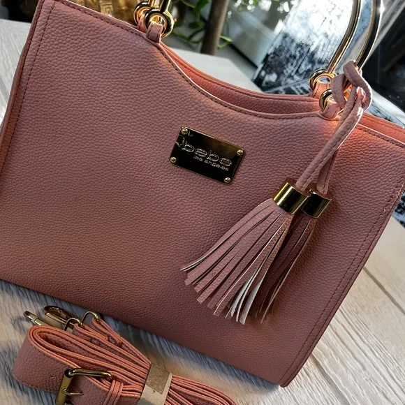 Vegan Leather [bebe] Pink NWT Convertible Handbag | Purse Tassels Gold Hardware - Picture 15 of 16